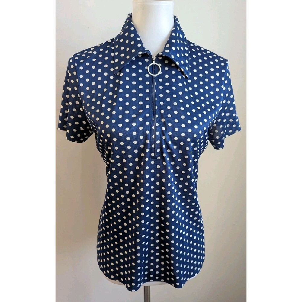 VTG 70s Polyester Knit Top Mod Polka Dot Zip Neck Big Collar Blue White Women's